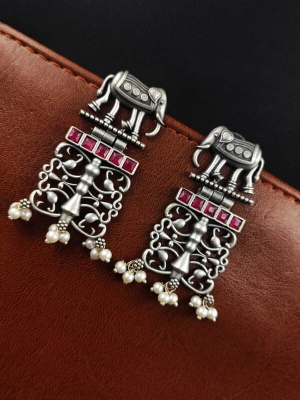 Antique Silver Elephant Earrings | Affordable Dangler Oxidised Studs For Girls - "Pink"