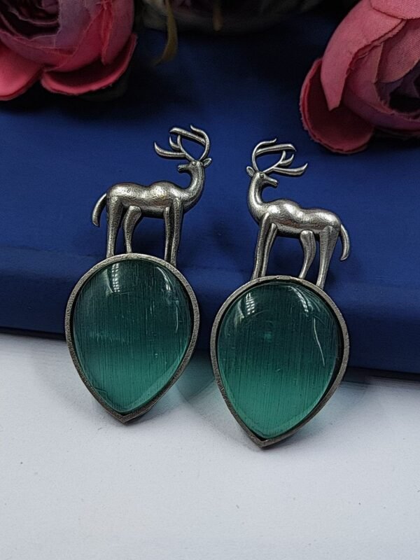 Premium Design of Deer Silver Replica Monalisa Stone Stud Dangler Earrings - "Mint Green"