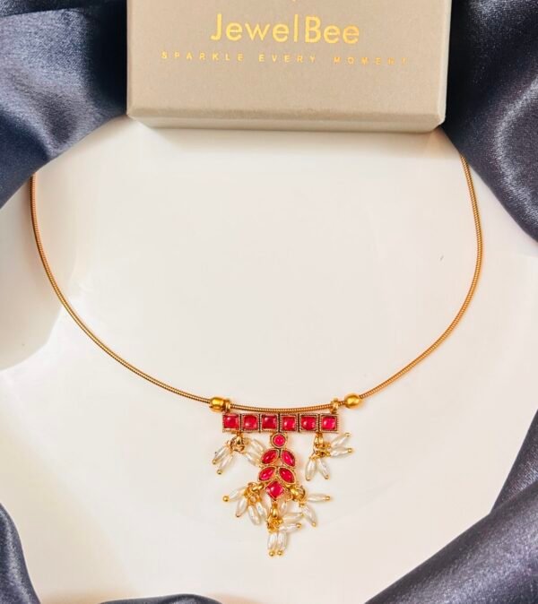 Traditional stone and pearl invisible necklace- Red & Green