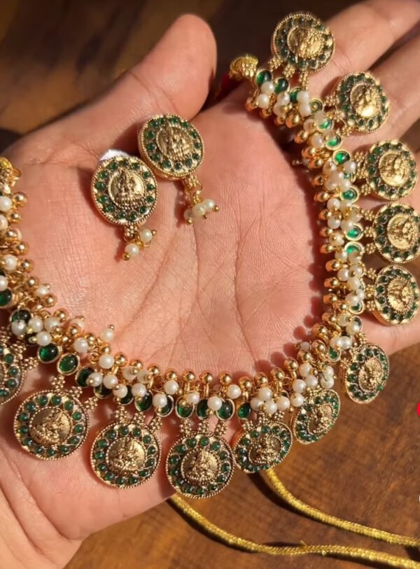 Traditional Lakshmi coin necklace set with green stone and pearls