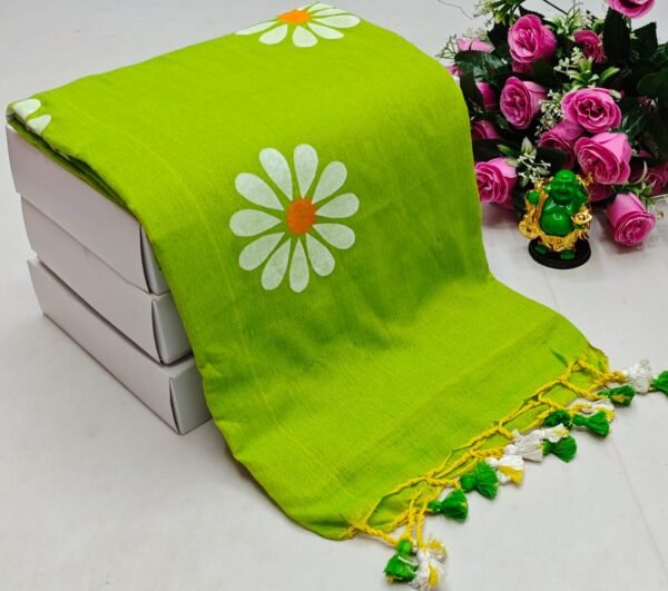 Khadi Cotton Saree with tassels & Running Blouse Piece - Daisy Print