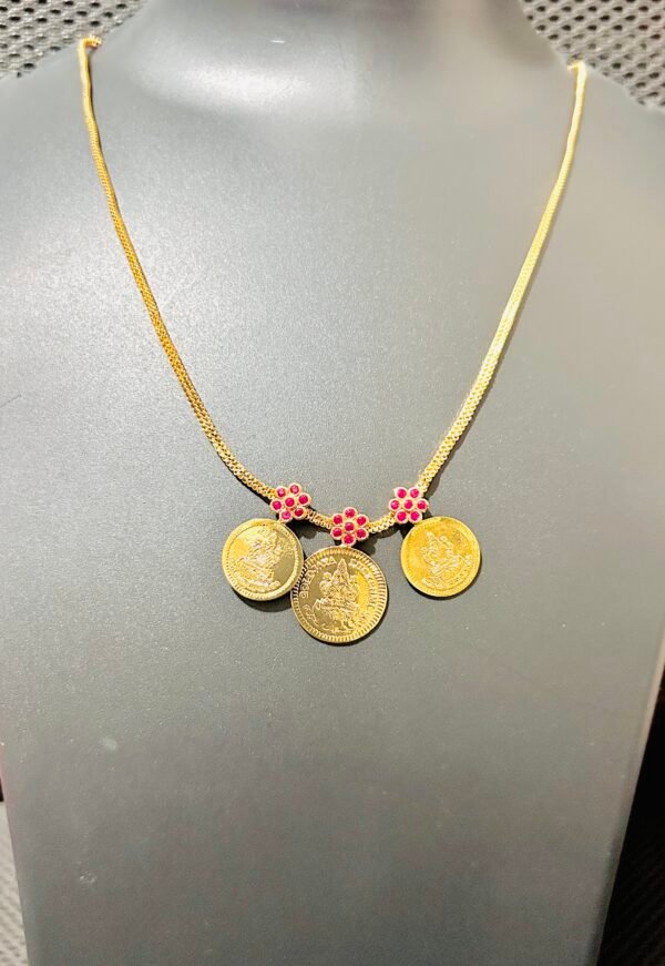 Gold Plated Three Lekshmi Coin Necklace with Ruby Stones