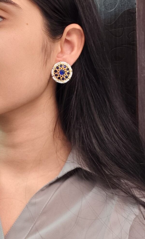 Gold Plated Kundan Meenakari Stud Earrings with Pearl Detailing
