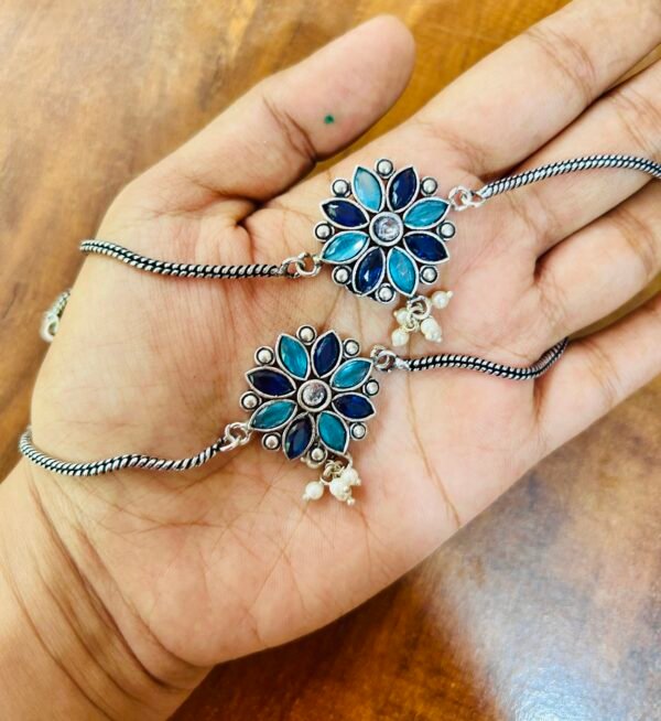 Flower Anklet with Pearls -Blue Mixed