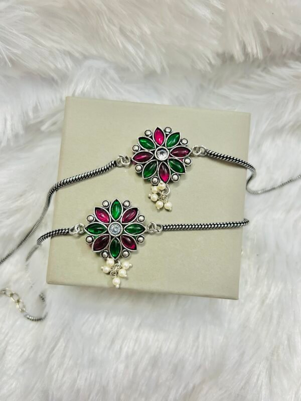 Flower Anklet with Pearls -Ruby & Green Anklet