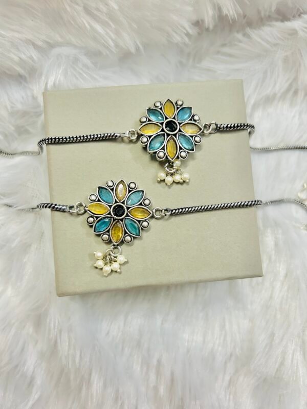 Flower Anklet with Pearls -Light Blue & lemon Green Anklet
