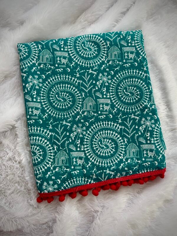 Cotton Kalamkari Folk Print Saree With Red Tassels