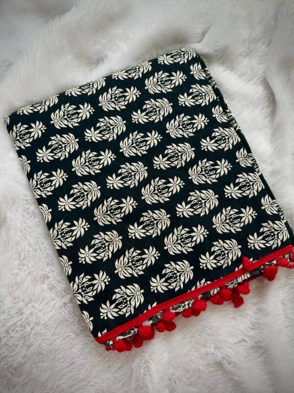 Cotton Kalamkari Folk Print Saree With Red Tassels