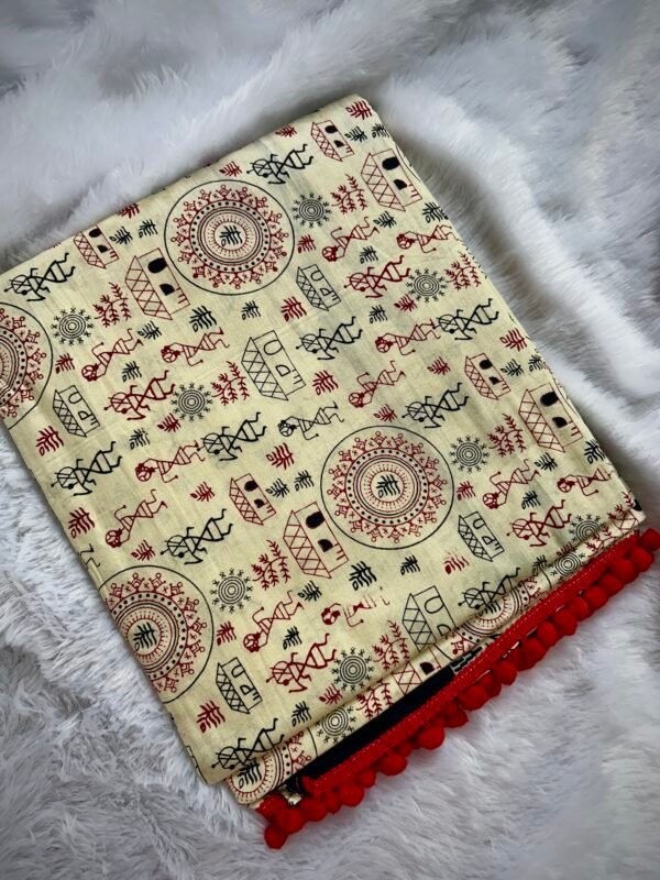 Cotton Kalamkari Folk Print Saree With Red Tassels
