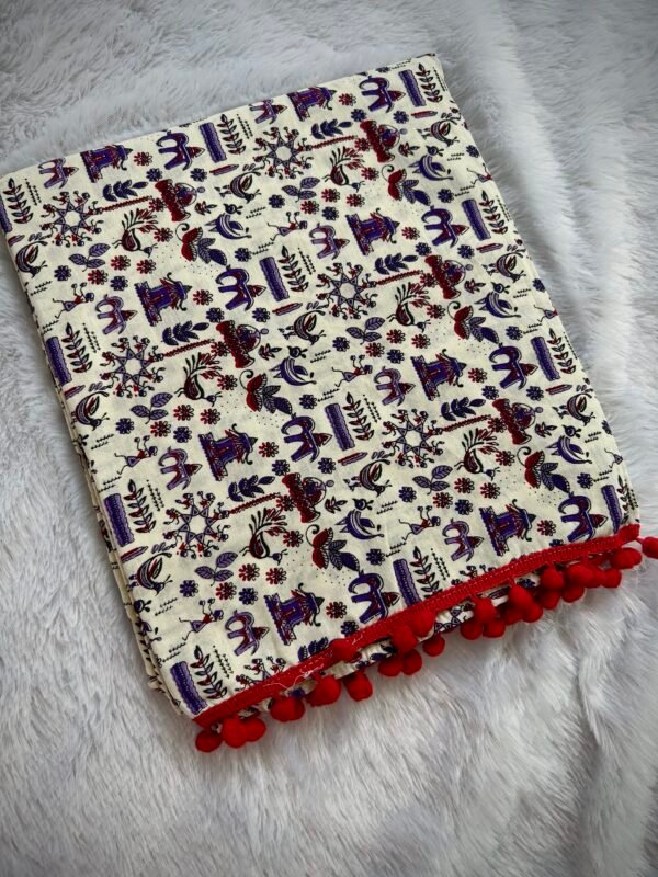 Cotton Kalamkari Folk Print Saree With Red Tassels