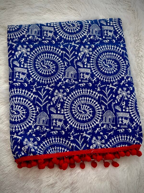 Cotton Kalamkari Folk Print Saree With Red Tassels