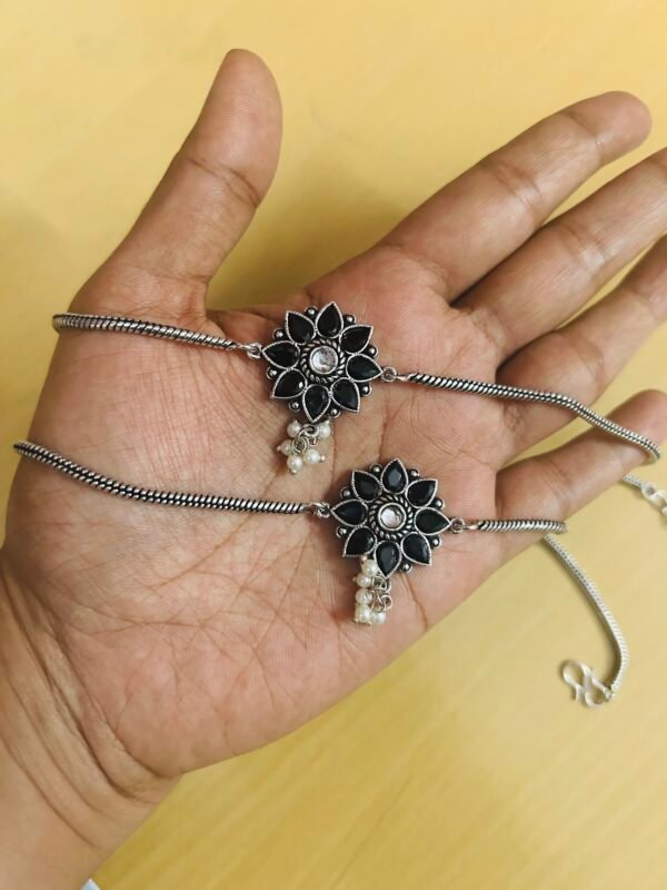 Flower Anklet with Pearls -Black Anklet  small