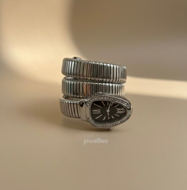 Snake Wrap Watch Silver Shade- Black Dial With White Stones