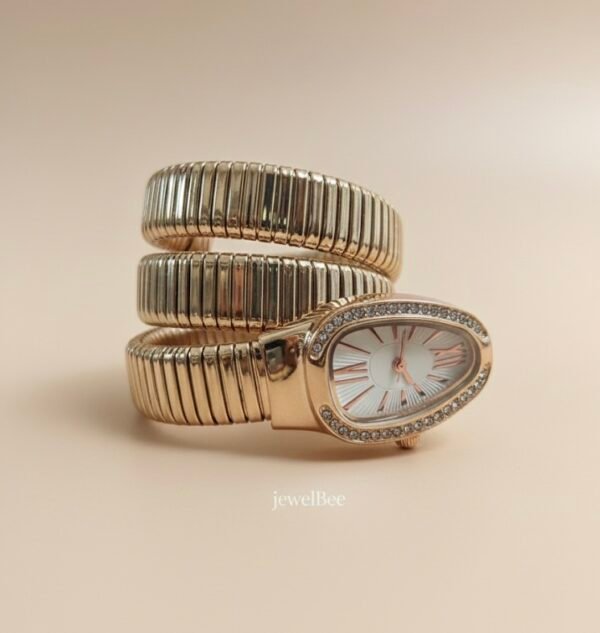 Snake Wrap Watch Rose Gold Shade- White Dial With White Stones