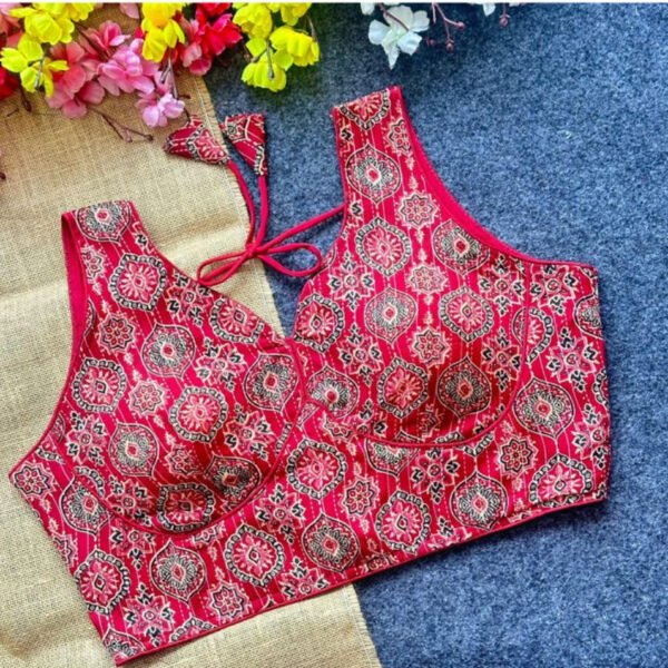 Ajrakh Print With Katha Work Blouse